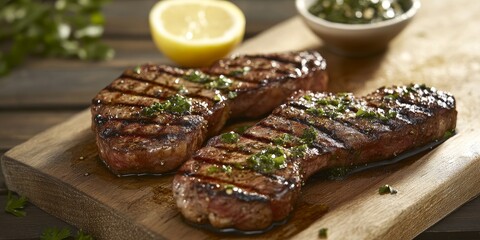 A rustic grill setup featuring grilled steak seasoned with herbs, drizzled with olive oil and lemon, presented beautifully on a wooden board. Grilled steak is the star here.