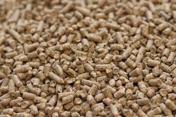 Wood filler for cat toilet, selective focus. Hygienic filler for pets. Pressed wood, large granules. Pellets. A pile of wood pellets. Filler for dogs, cats, domestic rodents