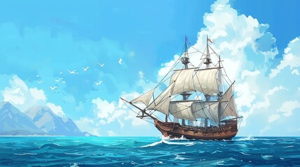 Obraz premium A painting of a tall ship sailing on a calm ocean under a bright blue sky with white clouds.