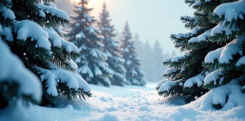 Snowflakes gently fall on frosty evergreen trees, evergreen, snow