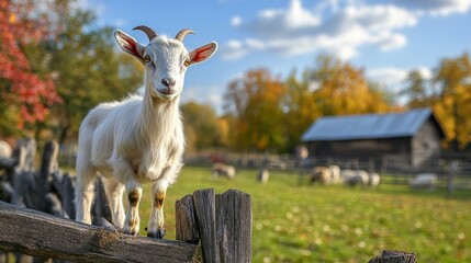 Naklejka premium Young Goat Stands On A Rustic Fence In Autumn