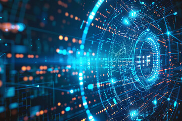 Obraz premium Futuristic glowing blue Wi-Fi symbol with digital pixel design surrounded by data streams, representing modern connectivity and technology.