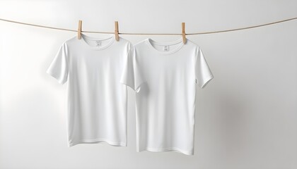 Two white t-shirts hanging on a clothesline against a plain background