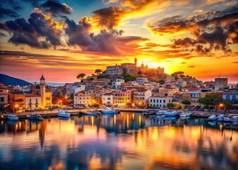 Obraz premium Mediterranean Dusk: Double Exposure of Coastal Town and Sea