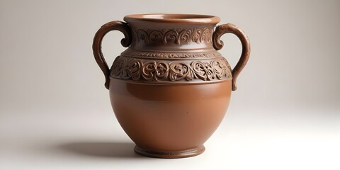 A vintage ceramic urn with ornate handles , featuring an earthy, rustic brown color , and a textured, worn surface