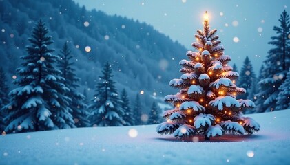 Obraz premium Snow falls gently around a towering white Christmas tree in a winter wonderland scene, serene, peaceful