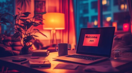 Naklejka premium Cozy Home Office Setup with Warm Lighting