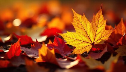 Single bright yellow leaf amidst fallen orange and red leaves, nature, autumn, leaves