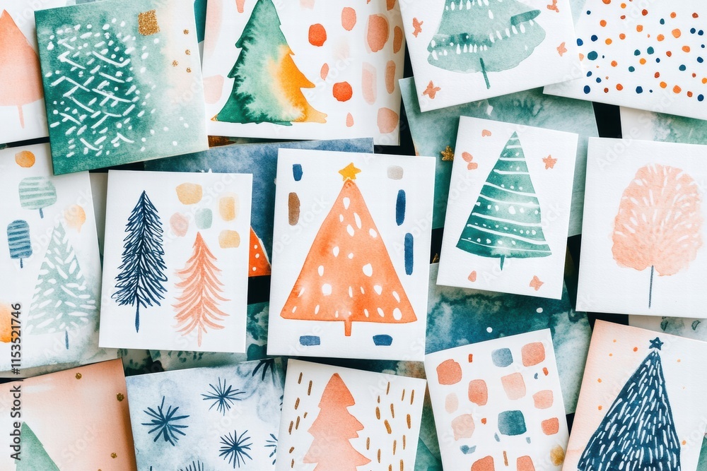 Poster creative and colorful christmas cards featuring various tree designs and festive patterns for holida