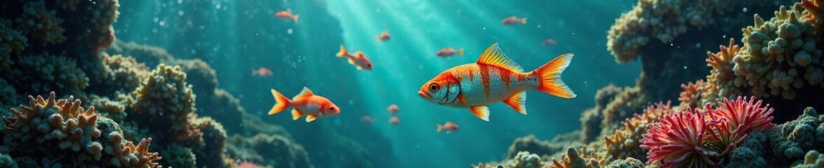Naklejka premium Regenbogenfische schwimmen durch die Koralle mit bunten Fischen als Hintergrund, meeresleben, bunte fische