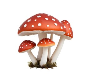 Obraz premium A group of red and white mushrooms with spotted caps, growing on the forest floor