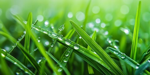 Fototapeta premium Close up of dew drops on vibrant green grass, showcasing the beauty of nature. Each dew drop on the green grass adds a refreshing touch to the serene landscape.