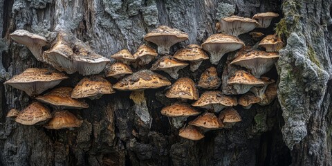 Mushrooms grow abundantly on a decaying tree, showcasing the beauty of nature s mushrooms as they thrive in their natural habitat among the textured bark and surrounding foliage.