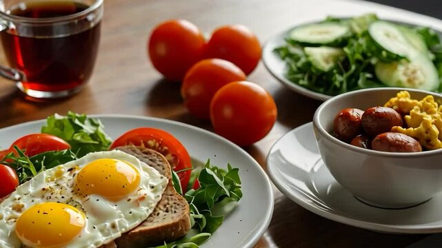 Video footage of healthy breakfast featuring sunny side up eggs on toast with greens and tomatoes, sausages and scrambled eggs, a cucumber salad, and a cup of tea, creating a vibrant and wholesome spr