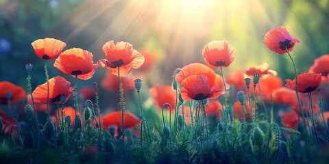Fototapeta premium Vibrant red poppies bloom in a serene clearing, showcasing exquisite spring flowers. These red poppies, captured with selective blur and soft focus, highlight the beauty of nature during warm spring