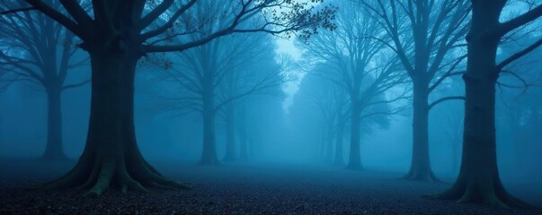 Misty blue fog swirls around ancient tree trunks, nature, calm, mist