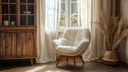 Stylish armchair near a wooden cabinet and window with flowing curtains for a calm and natural atmosphere