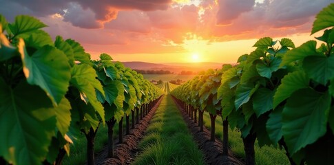 Naklejka premium Lush vines stretching towards the sky at sunset, greenery, nature