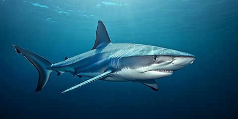 Naklejka premium Majestic blue shark, scientifically known as Prionace glauca, glides gracefully through the ocean waters, showcasing the beauty and agility of this remarkable blue shark species.