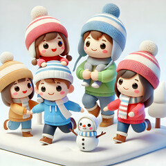 3D Family Playing Snow Joyfully Cute Chibi Icon Plain Background Copy Space