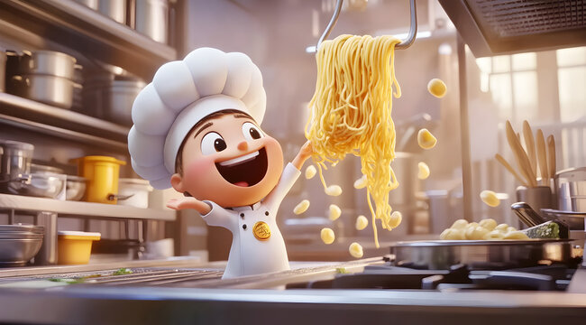 A cheerful cartoon chef joyfully holds up a serving of pasta in a vibrant kitchen filled with cooking tools and ingredients.