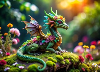 Fototapeta premium Miniature Dragon with Floral Decor: Whimsical Tilt-Shift Fantasy