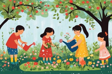 Family enjoys gardening together watering flowers in a sunny outdoor setting