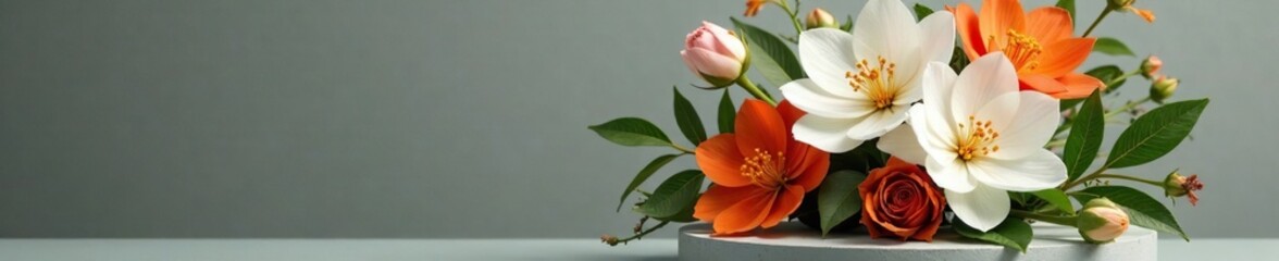 Bold white and orange flower arrangement on a pedestal, flowers, modern