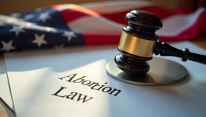 A gavel on top of documents labeled Abortion Law with an American flag in the background, American law and justice, abortion law in America created with generative ai