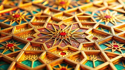 Fototapeta premium Miniature Islamic Greeting Card Background: Intricate Geometric Patterns & Warm Hues