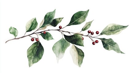 Hand-painted Botanical Illustration of Green Leaves and Red Berries
