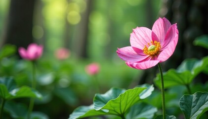 Fototapeta premium Anemone blooms amidst forest foliage, soft petals unfurl, Floral, Blooming