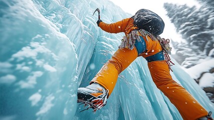 A climber scaling an icy cliff, shot from below to emphasize the towering height of the frozen waterfall, bright gear with crampons and ice axes