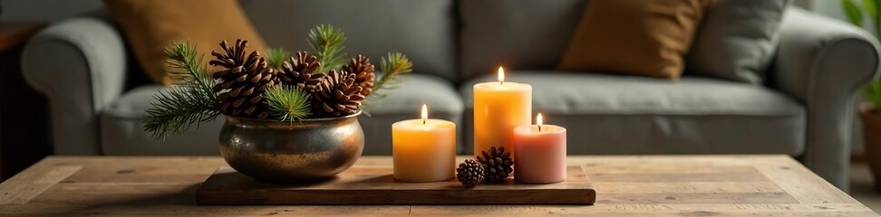 Vintage metal vase filled with pinecones and candles on a wooden coffee table, , candles, wood