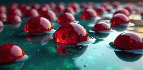 Glistening red orbs submerged in a pool of blue-green wax, reflective, orbs, cool