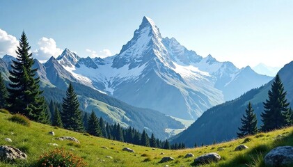 Fototapeta premium Mountain peak with a snowy top and pine trees in the surrounding hills, snowy mountain peaks, alpine meadows