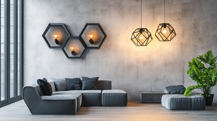 A modern living room with modular furniture, geometric lighting fixtures, and an industrial-chic concrete wall