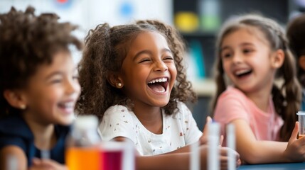 Children enjoying a fun moment together in a classroom during an activity