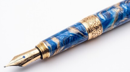 Elegant Blue Marble Fountain Pen with Gold Accents and Details