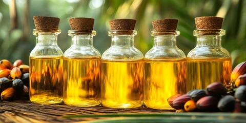 Glass bottles of palm oil showcase its versatility palm oil is not only used in cooking but can also be processed into biodiesel, highlighting the sustainable potential of palm oil.