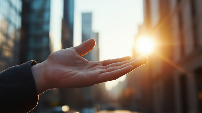 A hand reaching toward the sunlight in an urban setting, symbolizing hope, opportunity, and connection with nature in a cityscape.