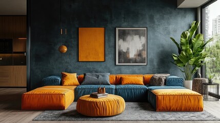 Stylish living room with a colorful sofa and pouf in a balanced and inviting design