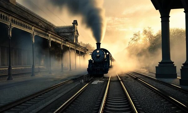 Departure at Dawn: A steam train departs from an old station on a misty morning