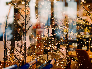 Shopping carts in front of garland of light bulbs behind glass shop window before Christmas and New Year. Scandinavian supermarket chain with home and interior goods. Pula, Croatia - November 13, 2024