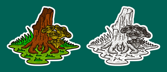 Tree Stump and Mushroom Doodle Sticker Illustration