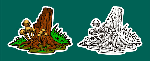 Tree Stump and Mushroom Doodle Sticker Illustration © son