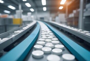 Fototapeta premium A conveyor belt carrying various pharmaceutical pills or tablets in a manufacturing facility, with blurred background elements suggesting an industrial setting