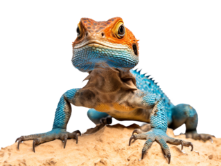 a blue lizard with orange and black spots on a rock