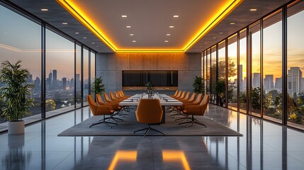 Collaborative team in a business meeting presenting charts and reports, sleek office design, 3D render