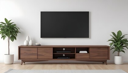 A modern living room with a large flat-screen TV mounted on the wall above a wooden TV stand